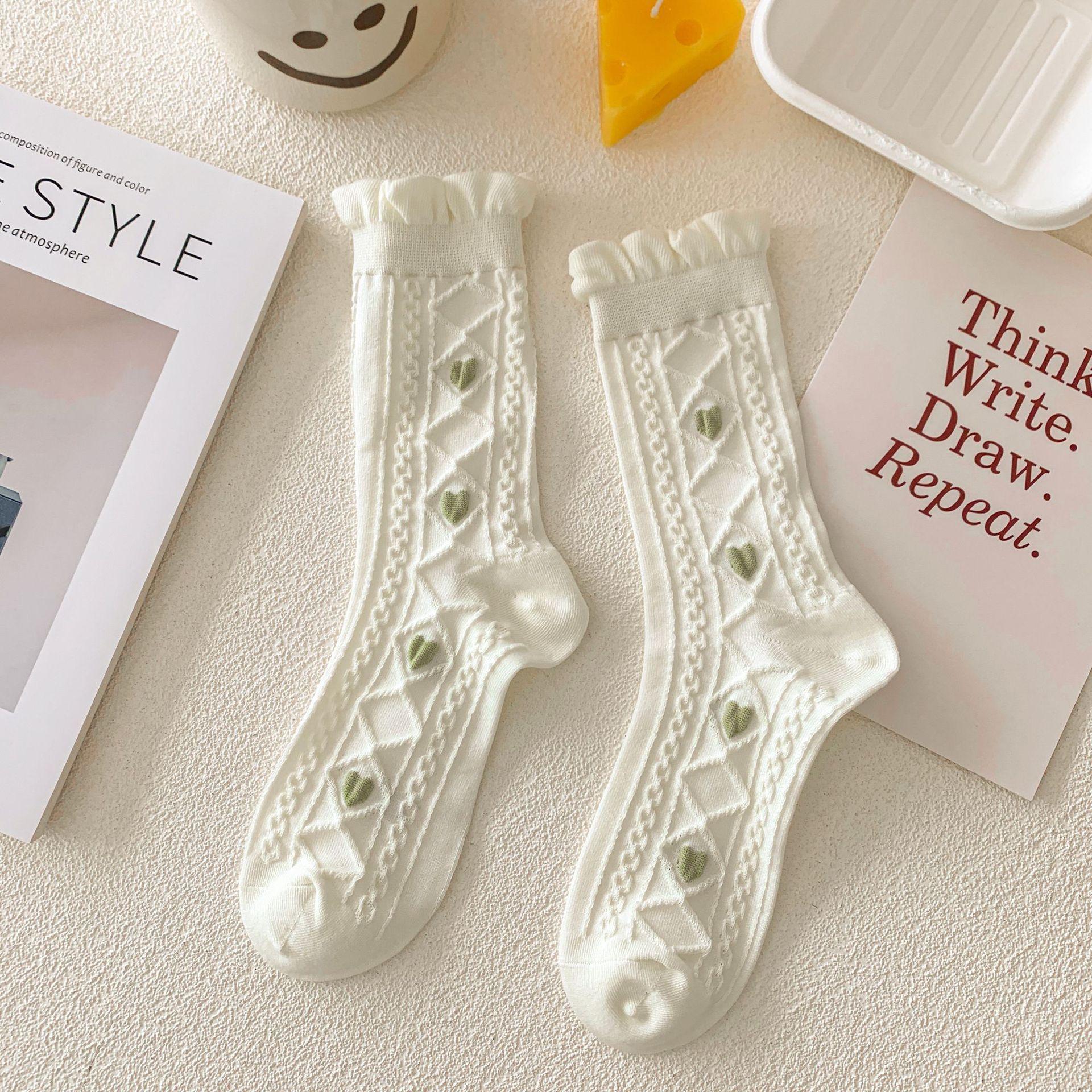 

Носки с цветочным и сердечным узором, милые и симпатичные носки средней длины с оборками, женские чулки и чулочно-носочные изделия 3