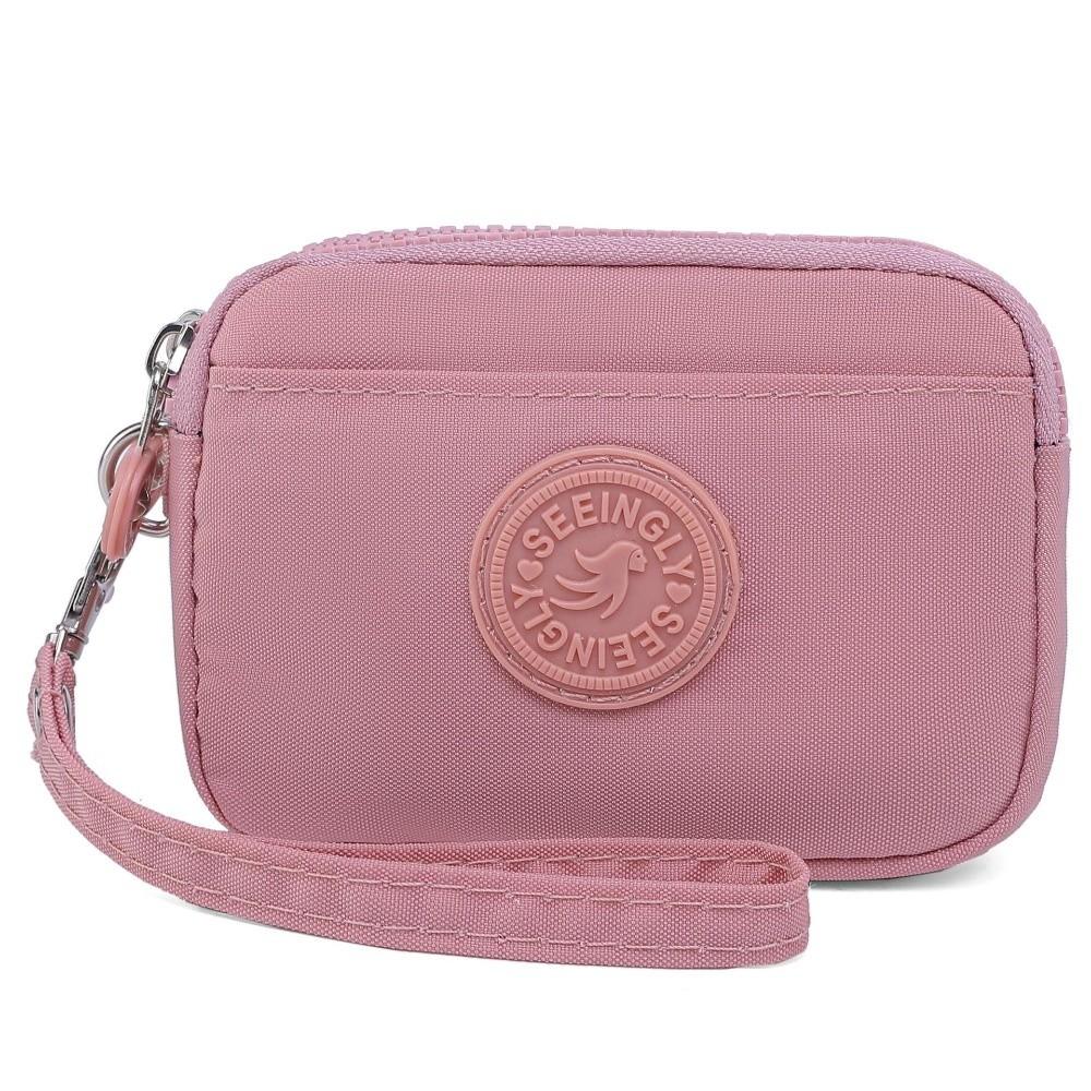 

New Solid Color Women Wallet with Lanyard Waterproof Credit Card Holder Nylon Double Layer Mobile Phone Bag Ladies розовый
