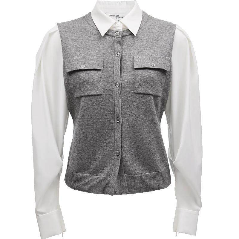 VEROMODA Faux Two-Piece Lantern Sleeve Knit Patchwork Shirt