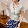 G Youke silk, with good materials and quality, button V-neck T-shirt women's short-sleeved summer new high-waisted top