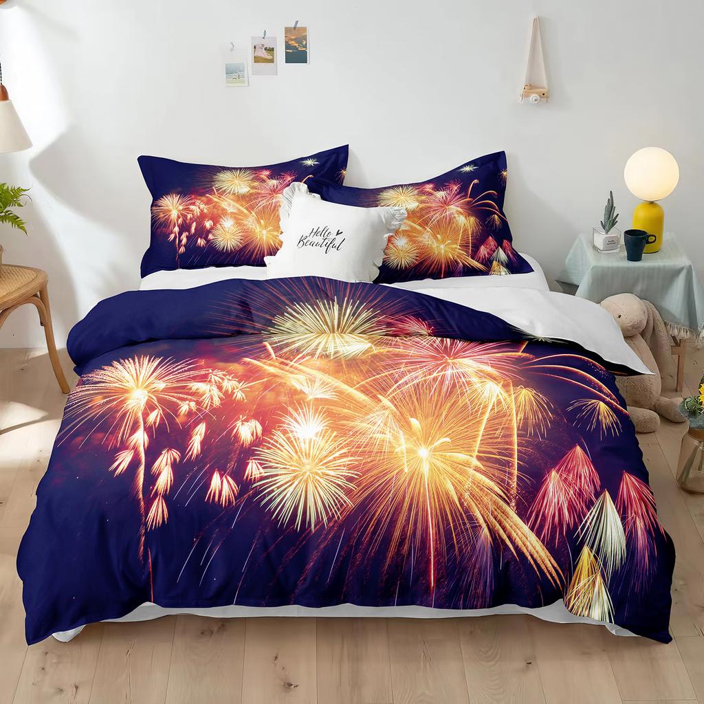 Blue Fireworks Duvet Cover Set 3D Romantic Theme Beautiful City Night New Year Festival Accessories for Kids Teens Bedroom Decor