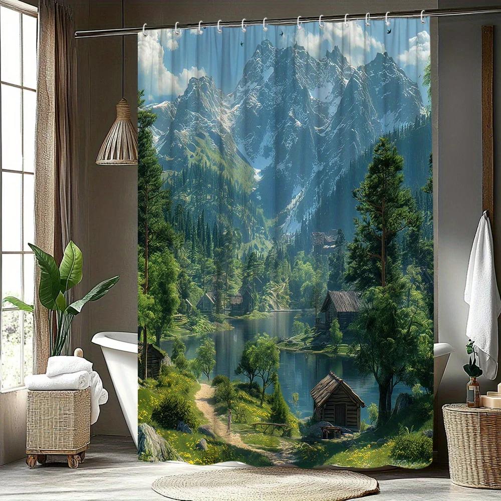1Pc Mountain Landscape Shower Curtain Natural Scenery Shower Curtain Polyester Fabric Bathroom Decoration Contains 12 Hooks 70.