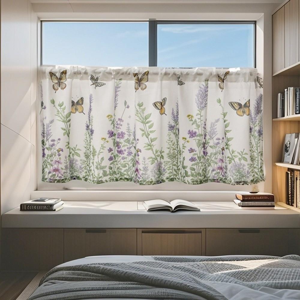 Butterfly Lavender Print Cabinet Window Decor Partition Voile Curtain  for Living Room Bedroom