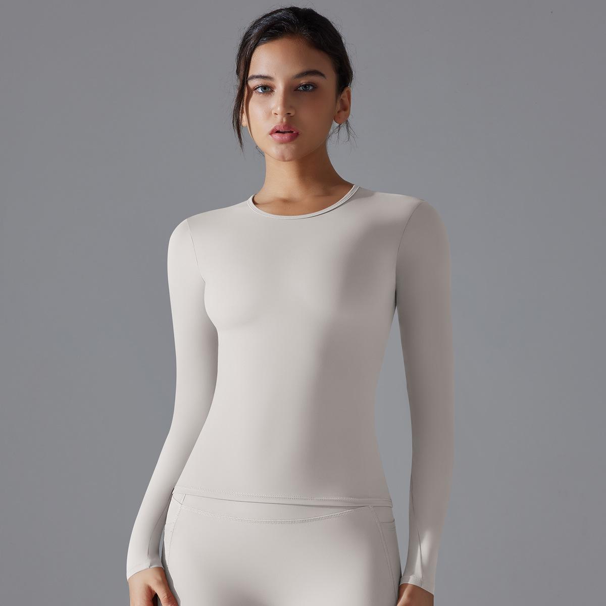 

New Yoga Clothing Trend Sports Gathering Long Sleeved Solid Color Slim Fit Elastic Fitness Shaping Running Training Top For Women L кавовий