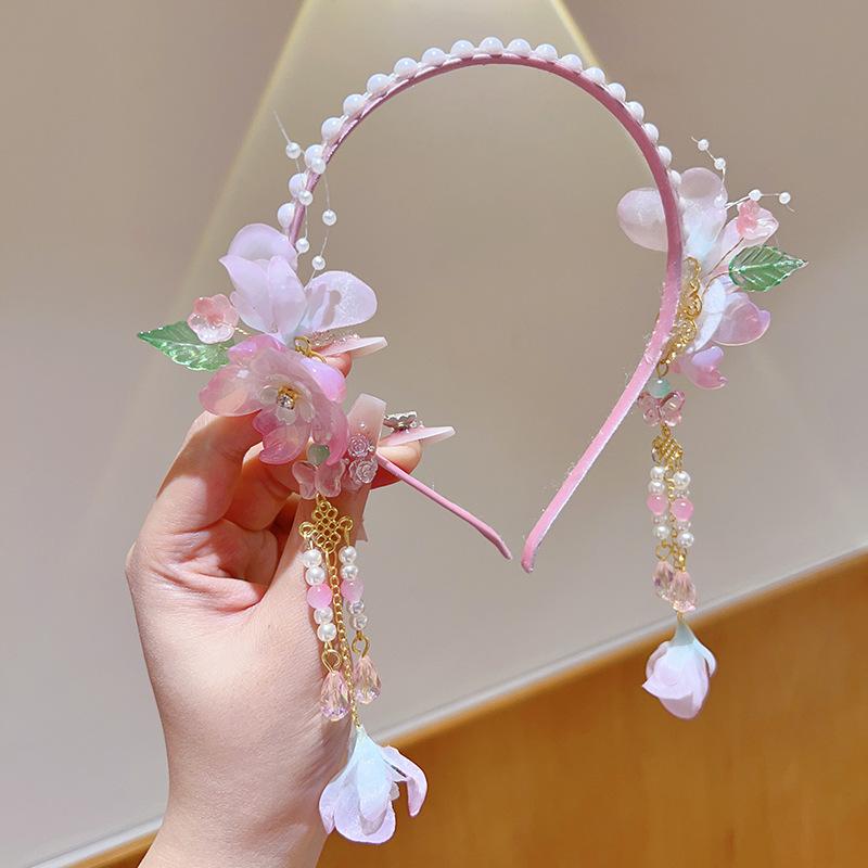 Handmade Hanfu Hair Accessories: Pearl Tassel Hairpin & Butterfly Flower Headband for Women and Girls
