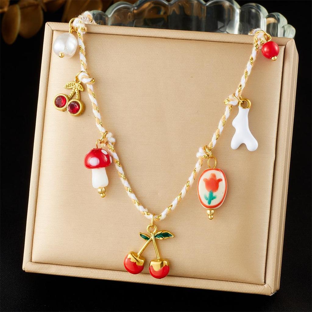 Fashion Stainless Steel Faux Pearl Pendant Necklace with Cherry and Starfish Design for Women