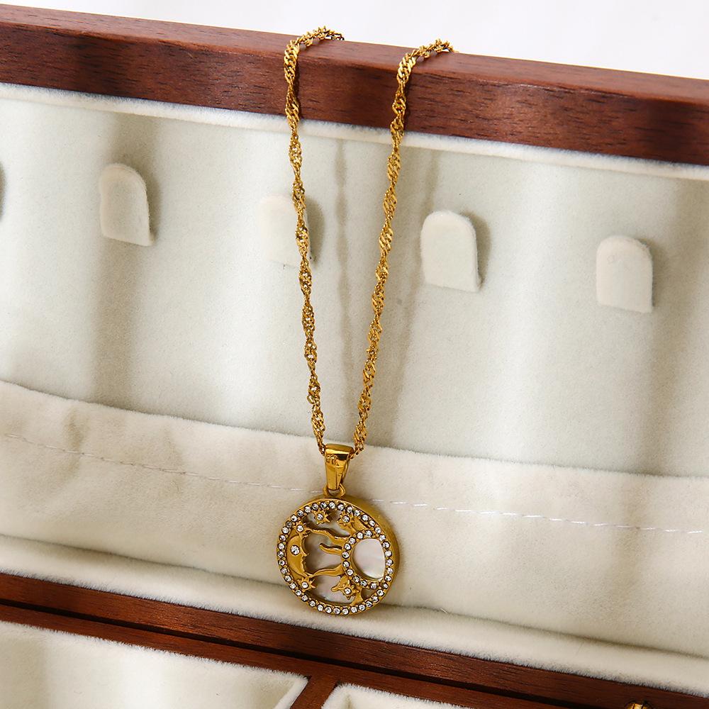INS Personality Diamond-set Moon Sun Coin Pendant Necklace Plated 18K Gold Stainless Steel Design Sweater Chain