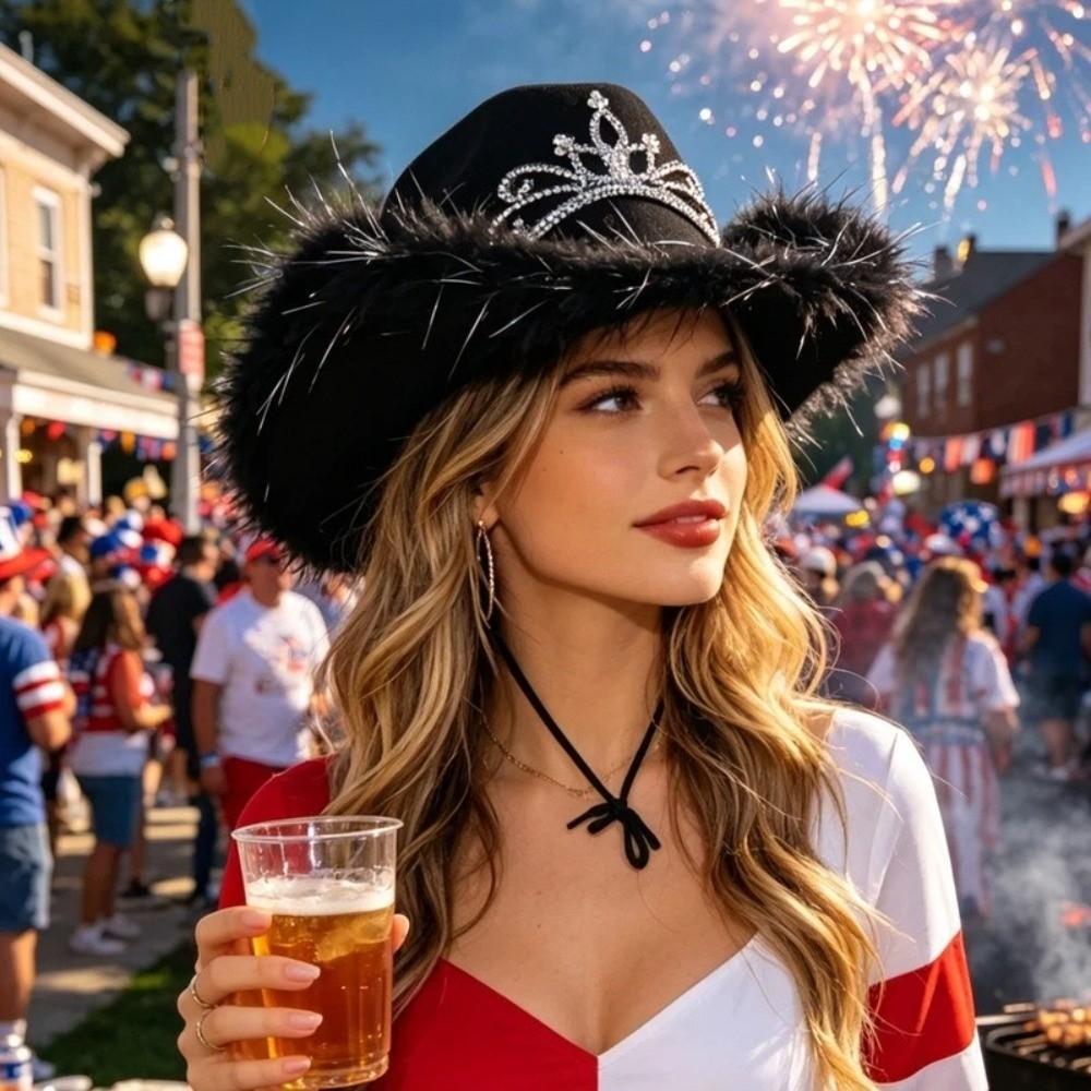 Wide Curved Brim Rhinestone Tiara Cowgirl Hat Western Style Soft Felt Sparkly Western Cowboy Cap Breathable Adjustable