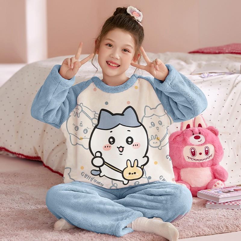 Girls Flannel Pajama Set Cartoon Warm Homewear Kids Winter