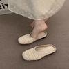 Fashion 2025 Women Mules Slippers Female Summer Flats Sandals Knit Fabric Stretch Slides Holiday Beach Shoes Square Heel Square Toe Flat