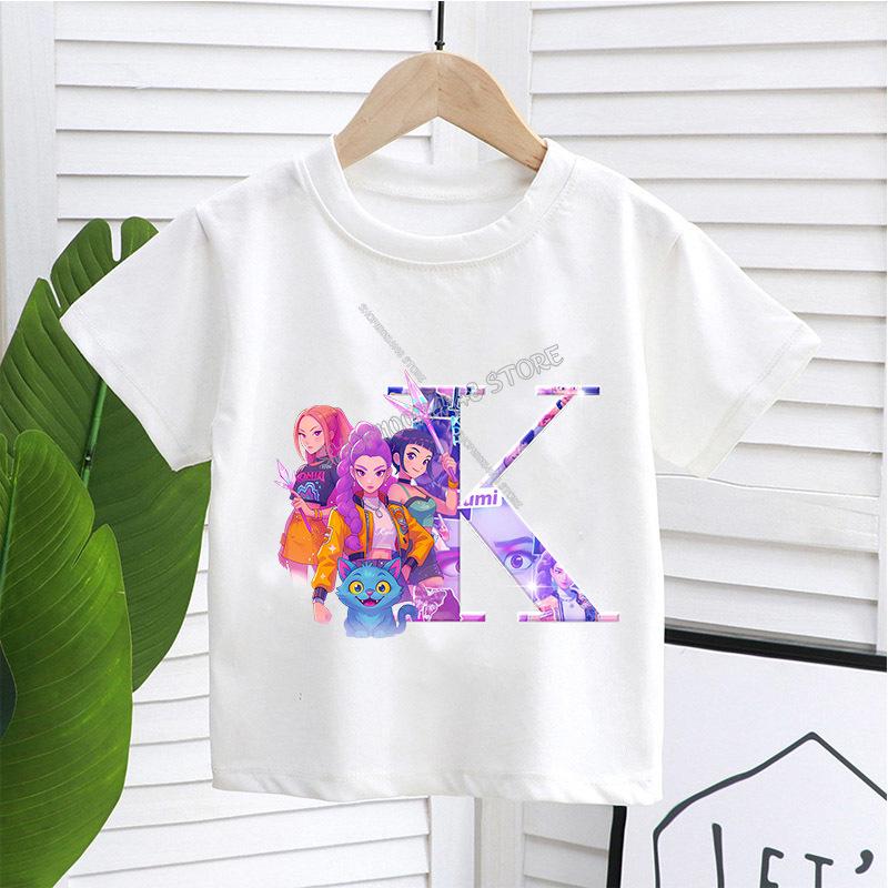KPop Demon Hunters White T-shirt for Children A-Z Letters Tee Top Cartoon Round Collar Clothes Kids Short Sleeve Clothing Gift