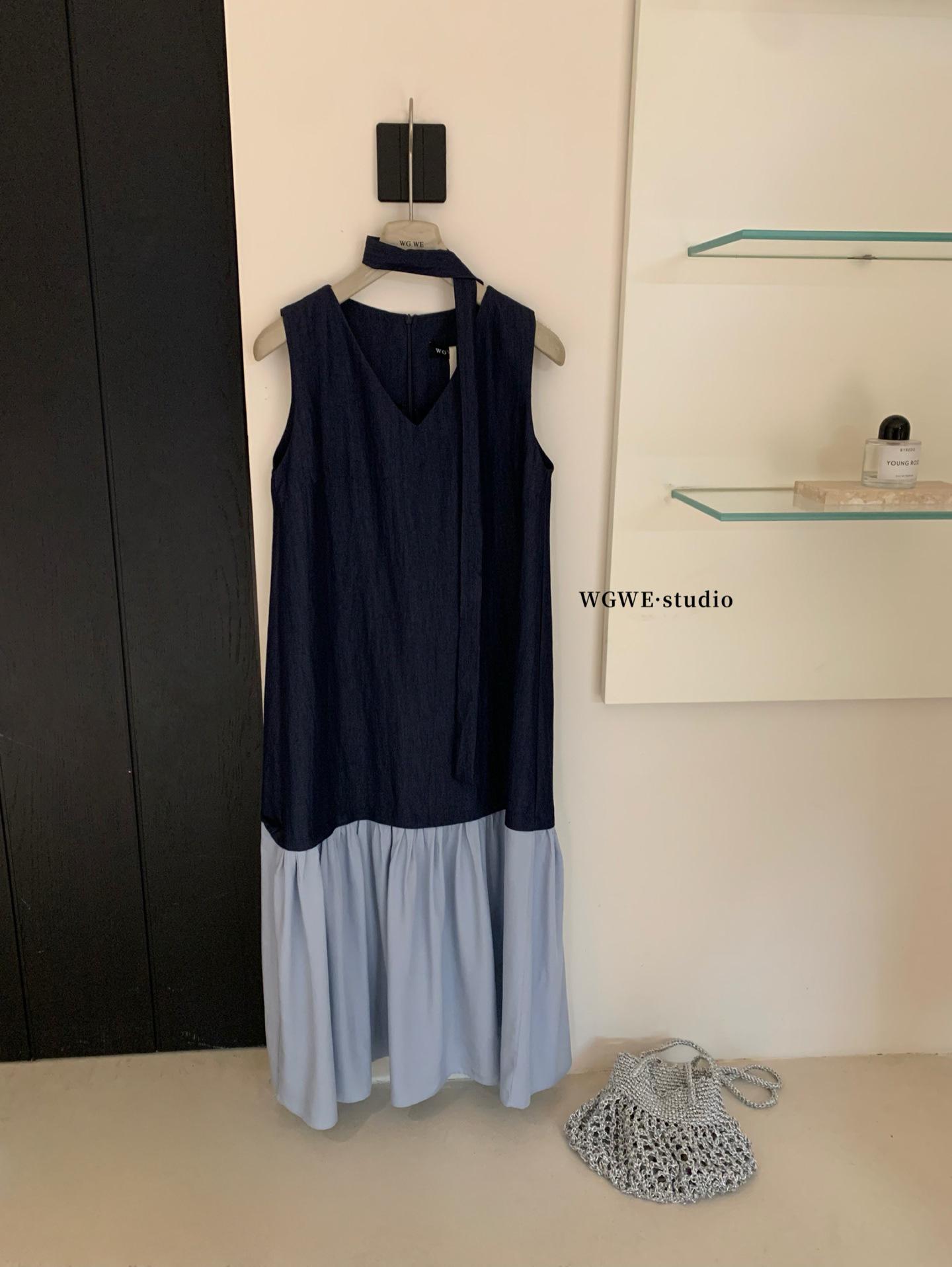 

Women s Summer Denim Blue V-Neck Sleeveless Long Dress with Sashes Small джинсовый синий