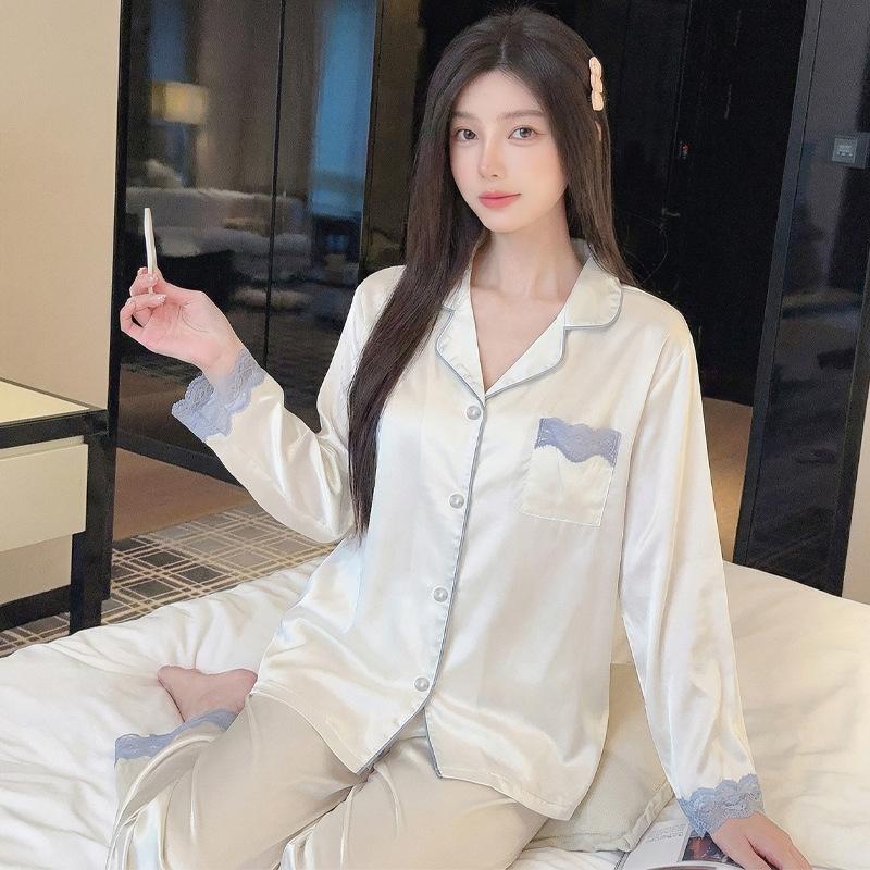 Gentle Wind Ice Silk Spring Summer Pajamas Women'S Long Sleeves Trousers Wind Blue Lace Loungewear