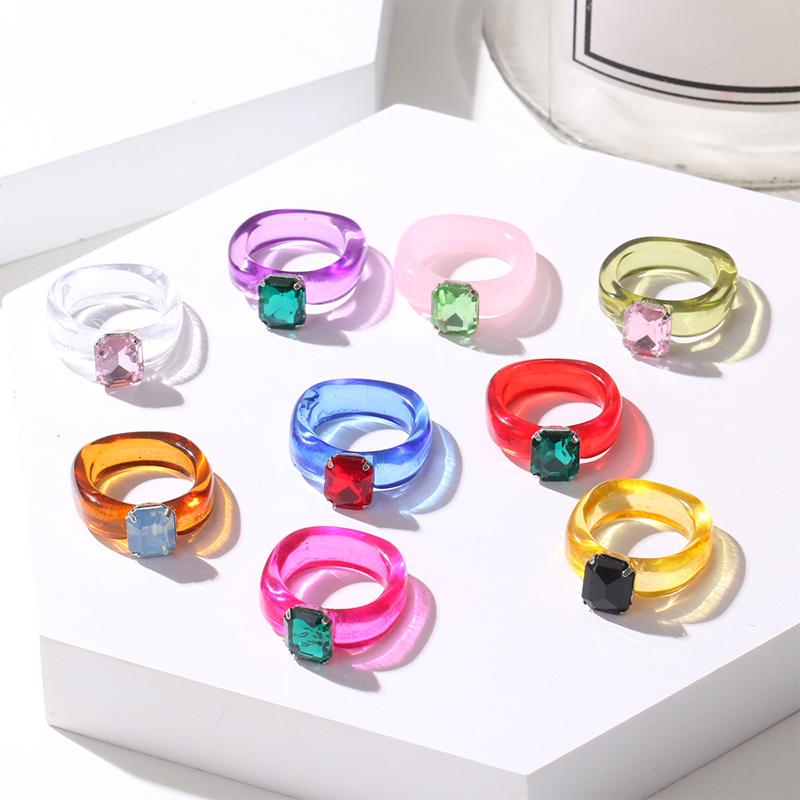 Fashion Simple Inlaid Colorful Zircon Resin Ring Women Sweet Cute Birthday Party Commemorative Jewelry Gift