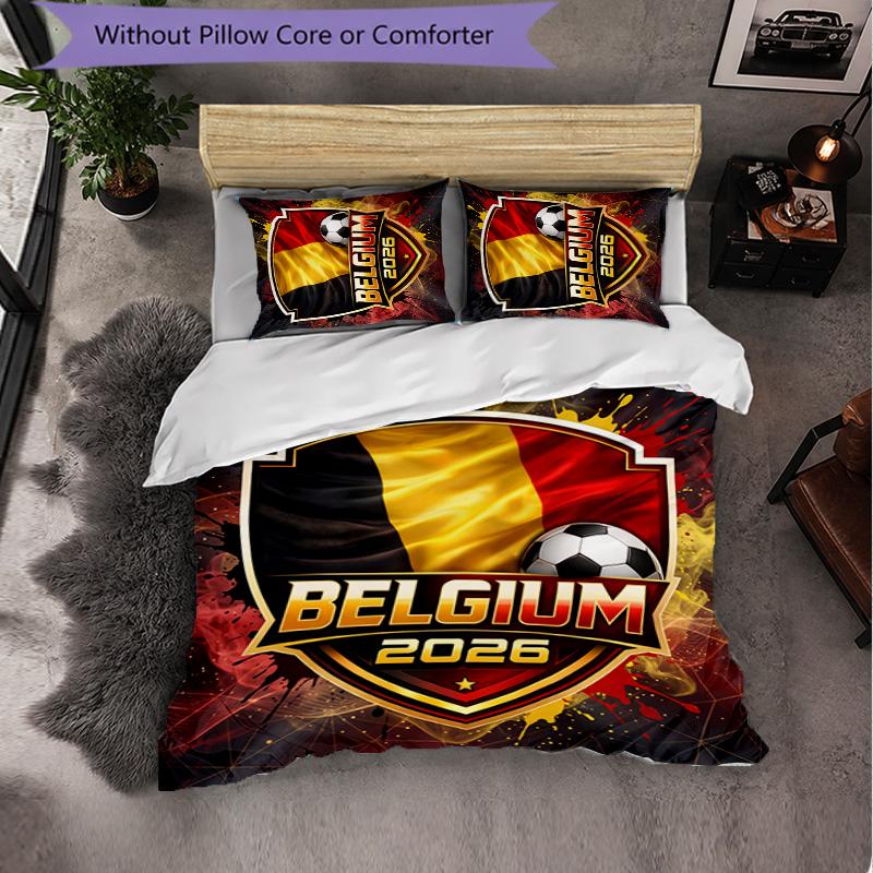 Belgium Football Pattern 3 Pieces Bedding Set Soft Microfiber Duvet Cover with Pillow Cases for Bedroom