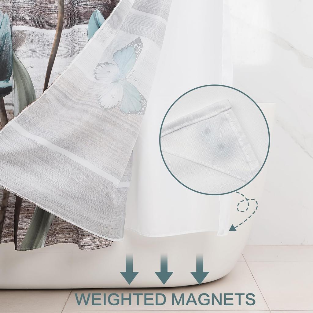 DASHAN No Hook Shower Curtain with Snap In Liner, Rustic Floral Shower Curtains for Bathroom, Teal Flowers Bath Curtain Wood Country Farmhouse Fabric