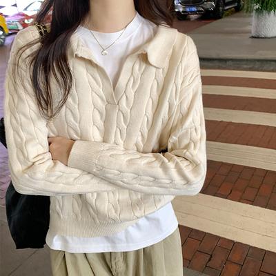 American Retro Twist Pitted Sweater for Women In Autumn and Winter New Style Lazy Versatile Lapel Short Slim Sweater