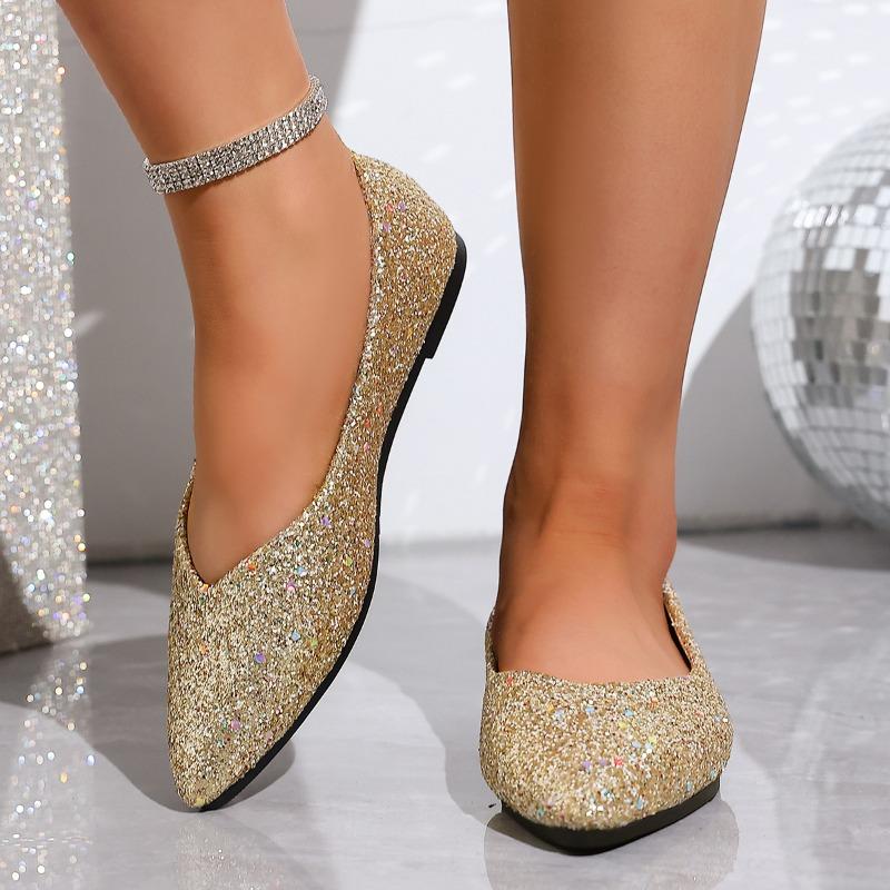 Sequin Flats Women's Fashion Pointed Toe Shallow Mouth Slip-On Low Top Plus Size Single
