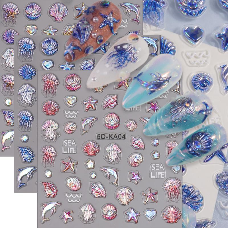 Embossed Jellyfish Shell Ocean Nail Art Sticker Self Adhesive Marine Life Whale Nail Decals Manicure Diy Supplies Nails Slider