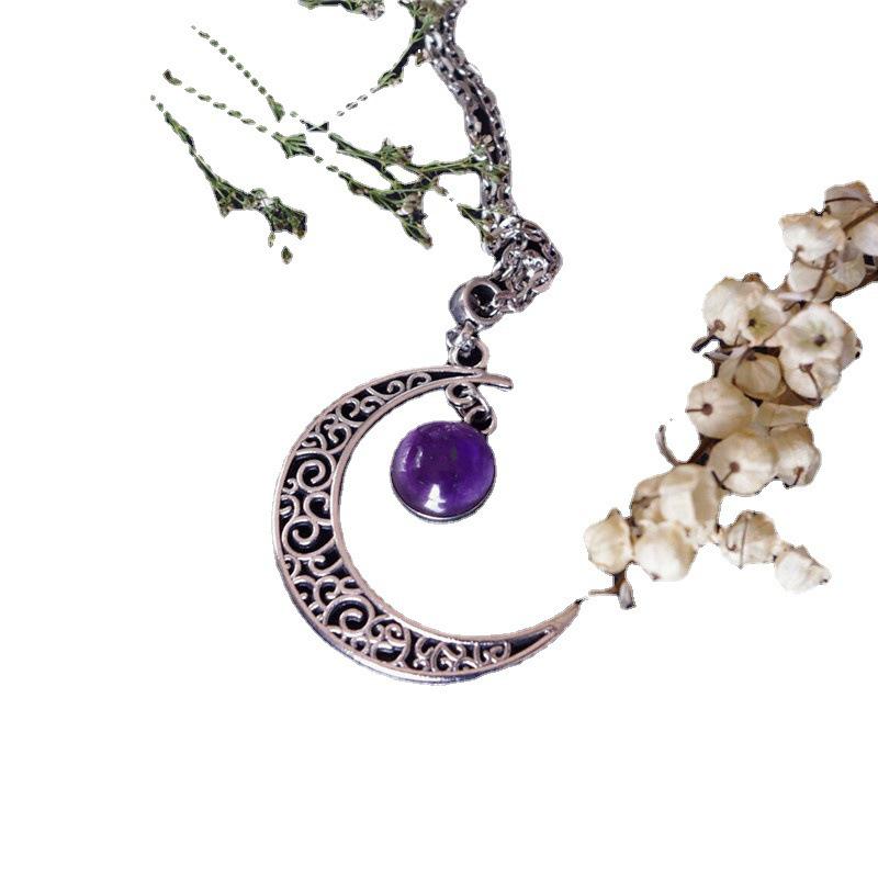 Lila Kristall Mond Gothic Punk Statement Anhänger Halskette