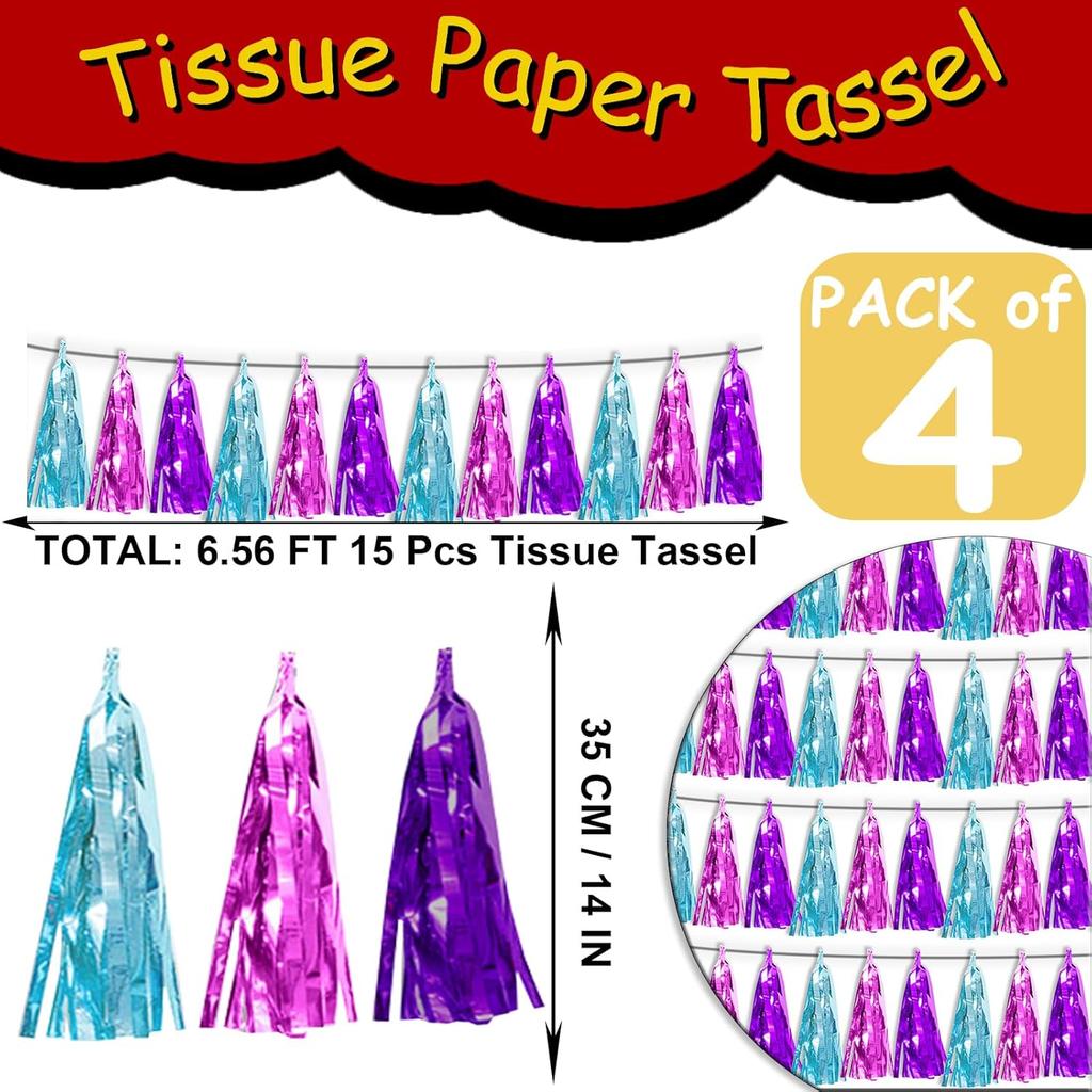 4P Lake Blue Purple-Hot Pink Tassel Banner Garland Metallic Foil Fringe Banner Tel Tassels Streamer Banner Backdrop for Parade Floats,Graduation