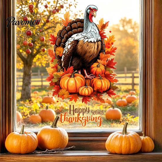 Static Window Clings for Thanksgiving Harvest Themed Sticker, Decorative Non Adhesive Cling, Removable Holiday Glass Stickers Watercolor Decals
