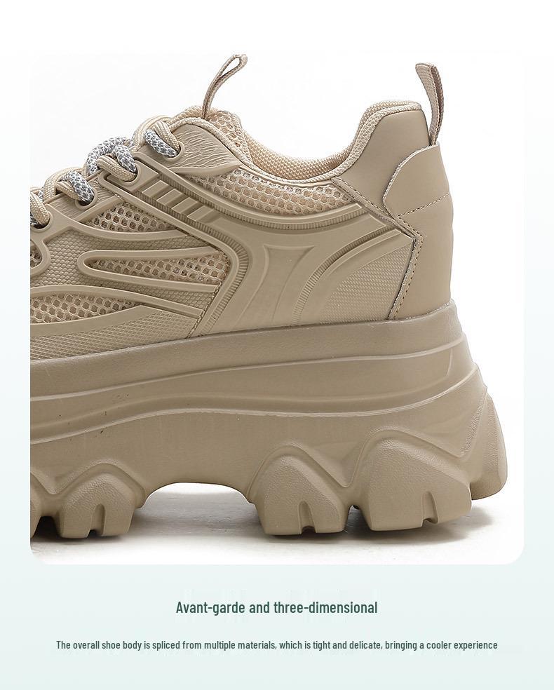 Women's Genuine Leather Height-Increasing Platform Dad Shoes - Breathable, Mesh, Hidden Heel for Autumn & Winter