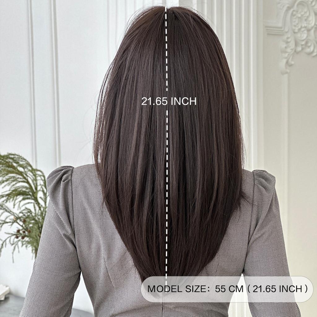 Nowa Ciemnobrązowa Średniodługa Prosta Peruka dla Kobiet - Włosy do Klatki Piersiowej Cieniowane z Grzywką Powietrzną Naturalna Peruka Pełna