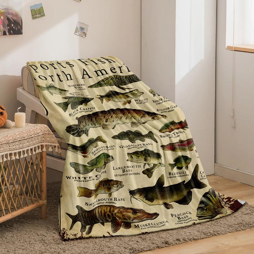 1 Stück Nordamerikanischer Fischdruck verdickte Flanelldecke warm hautfreundlich weich Sofa Bett Decke maschinenwaschbar vier Jahreszeiten