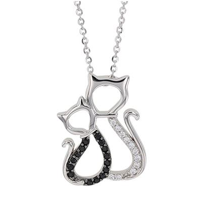 [Q9386] - Handcrafted Silver Necklace 'Couple Chats' Black White Silver (rhodium-plated) - 20x15 Mm