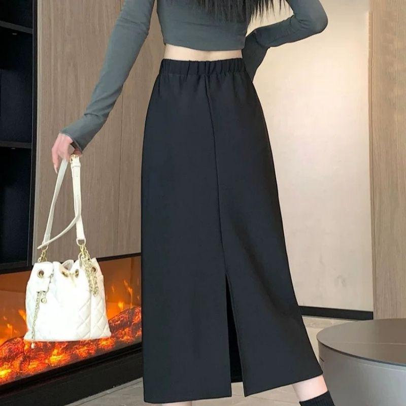 Back Slit Blazer Skirt Women Autumn Winter Elastic Waist A-Line Pencil Midi Black Slimming Bodycon