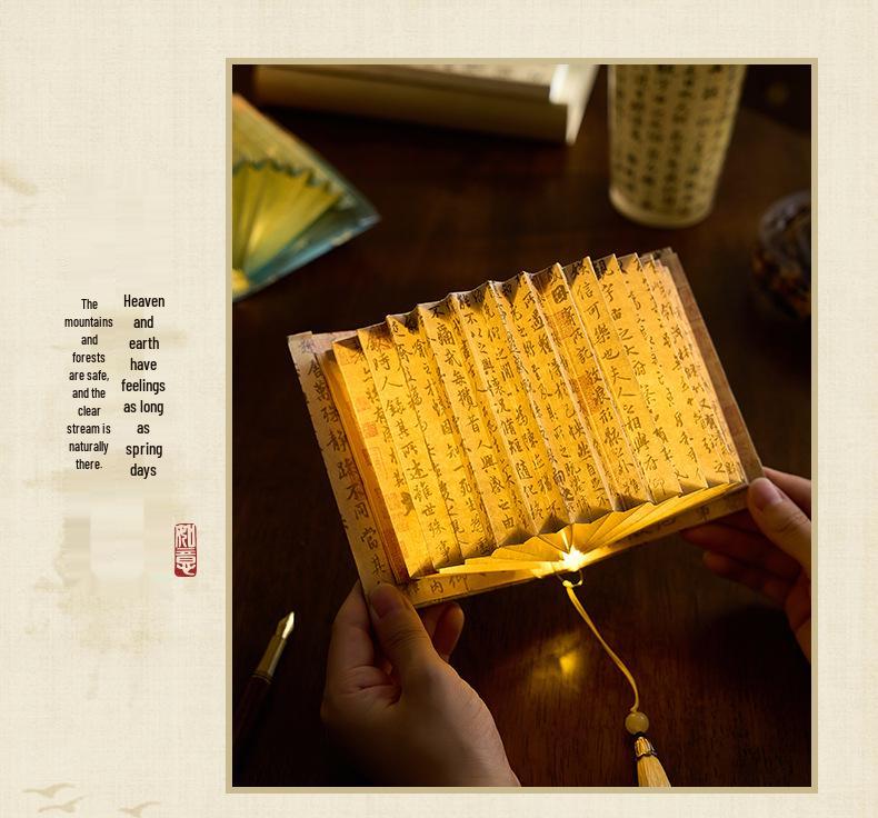 Burning Glass Bead Fan-Shaped Lamp: Oil Painting-Inspired Book Lamp with Calligraphy Text - Creative Ancient Style Gift.