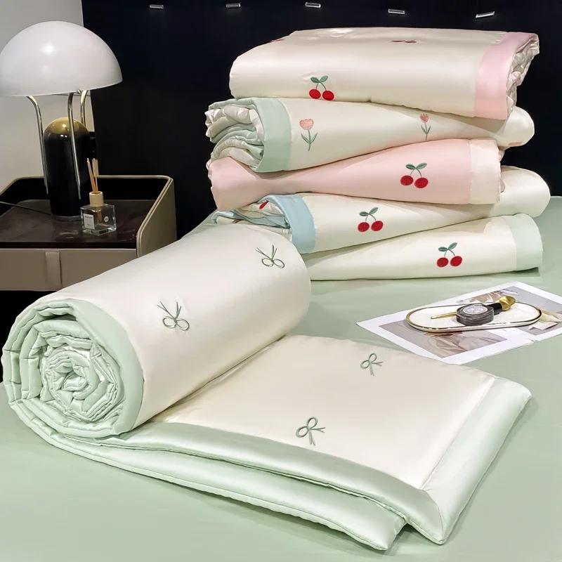 High-end Embroidered Spring Summer Quilt 4 Pcs Set or 3 Pcs Set or 1 Pcs Luxury Skin- Friendly Summer Blanket Lightweight Duvet