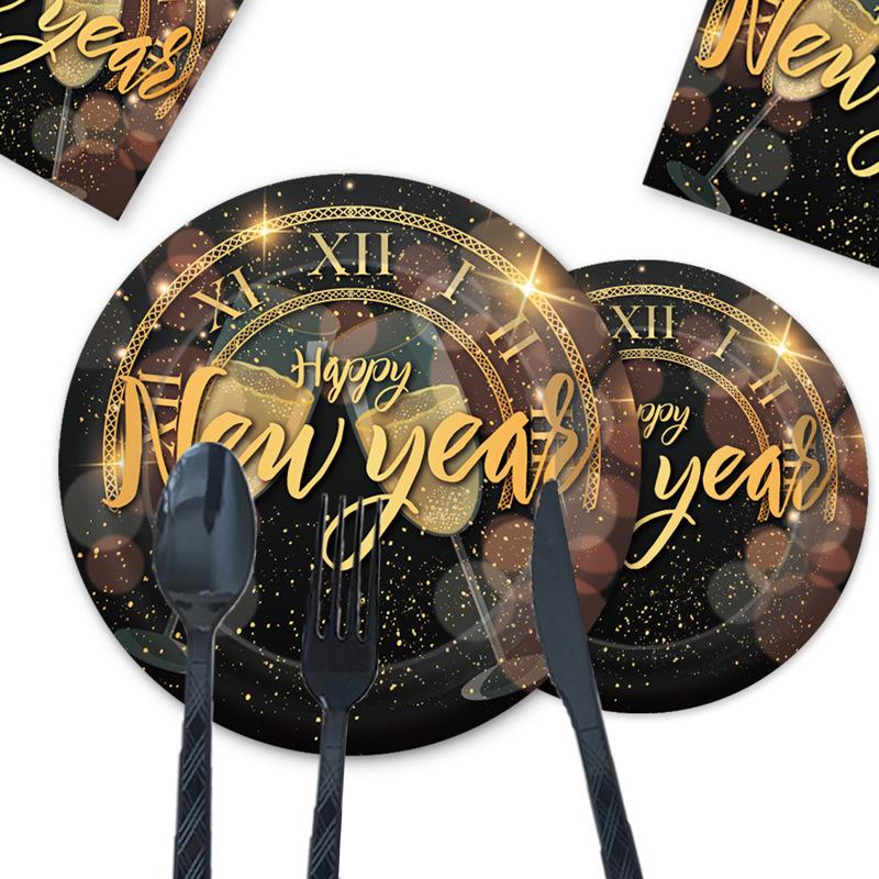 New Year Black Gold New Year Party Paper Plate Disposable Paper Cup Tissue Tablecloth Party Tableware Spring Festival Plate