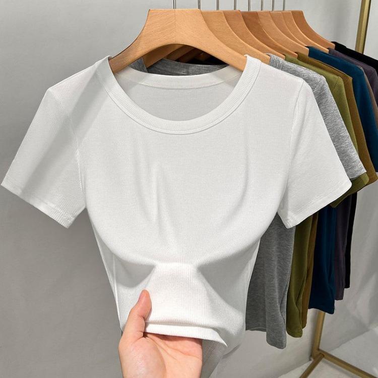 Women's Fashion Solid Color Threaded Short Sleeve T Shirt Big Round Neck Waist Top Inner Bottoming Shirt New