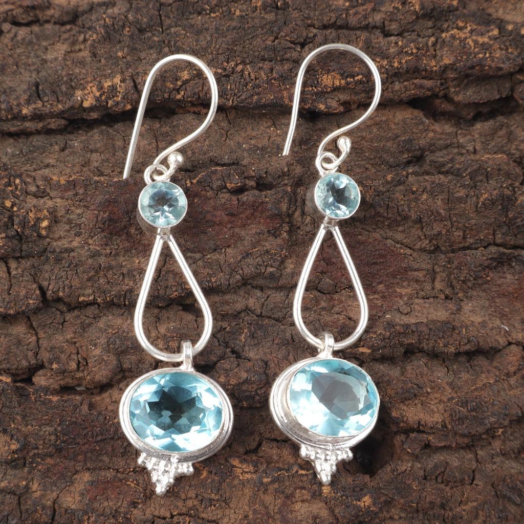 Sky Blue Topaz Gemstone 925 Sterling Silver Jewelry Handmade Long Earrings 2.50" EE-132-11