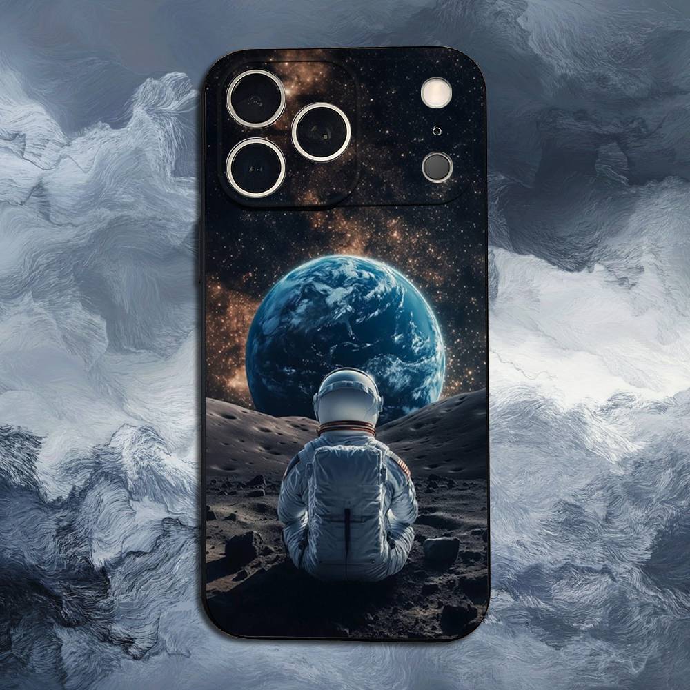Universe Art Astronaut Phone For iPhone 13,12,15,14,11,16,17,Plus,Pro Max,XS,X,XR,SE,Mini,8,7,Soft Silicone Black