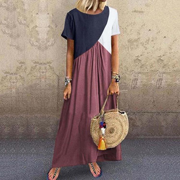 European and American Geometric Patchwork Color Block Irregular Short Sleeve Casual Dress