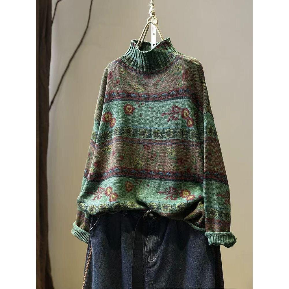 Korean Vintage Floral Print Mock Neck Casual Loose Sweater Woman Autumn Fashion Long Sleeves Sweater