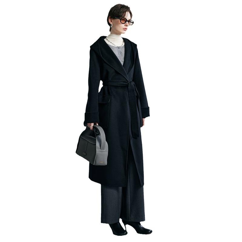 Double-sided Cashmere Coat for Women's Autumn and Winter New Bathrobe-style Lace-up Waist Hooded Water Ripple Medium and Long Coat
