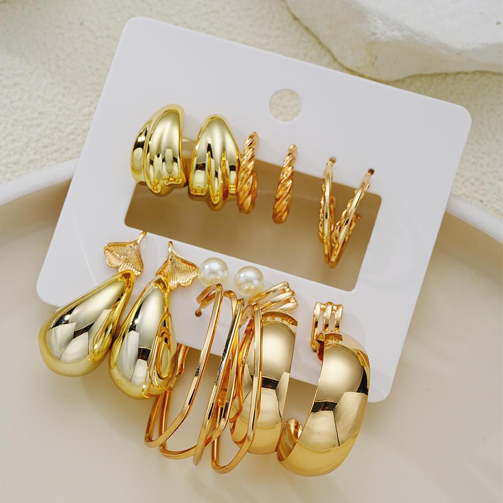 8/12pcs Fashion Charms Gold Color Lightweight Earrings Set for Women Textured C-Shape Teardrop Design Stud Earring Jewelry New