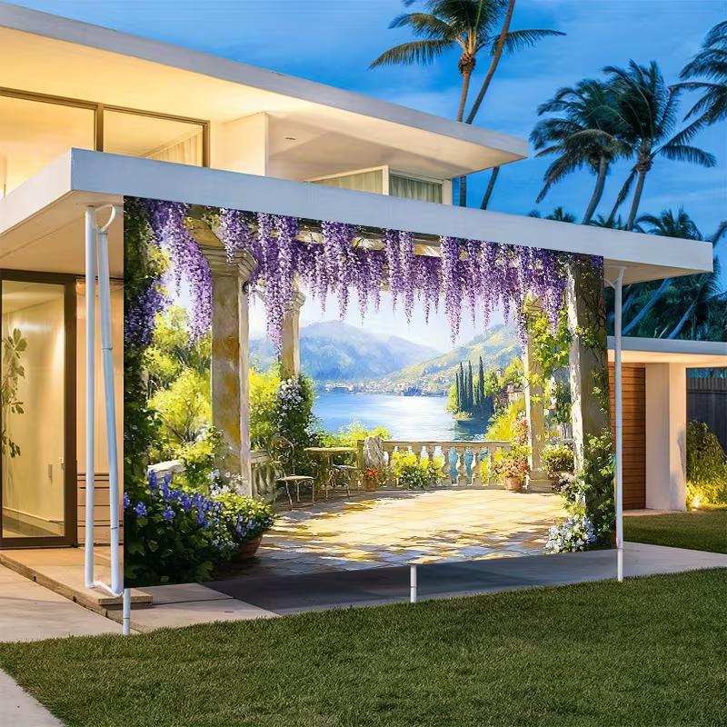 Wisteria Garden Balcony Tapestry, Lake Como Inspired Scenery with Purple Flowers for Living Room