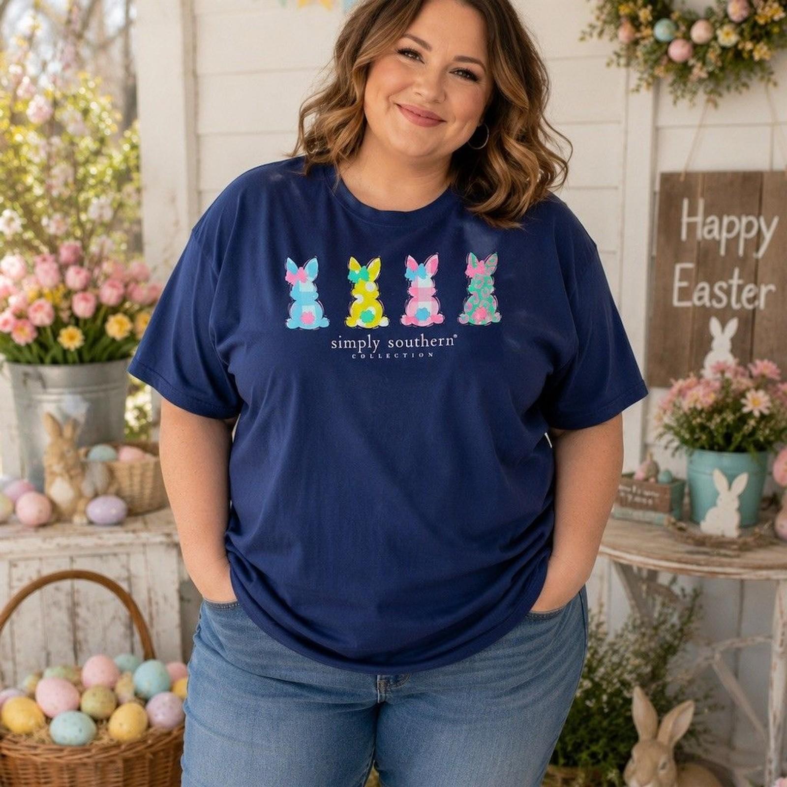 Simply Southern T-Shirt Womens 2XL Navy Blue Embroidered Easter Bunny Dog 4XL
