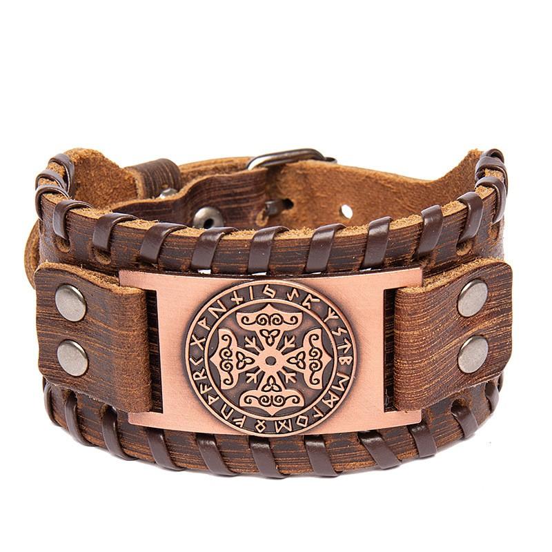 Vintage Viking Leather Bracelet With Compass Pendant Men Handmade Retro Style Adjustable Cuff Band