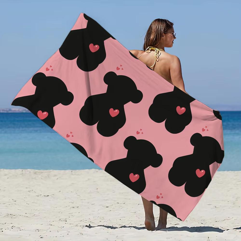 Cute Bear Silhouette Print Beach Towel,Soft Microfiber Lightweight Quick Dry,Oversized for Travel Camping,Love Heart Decor Towel