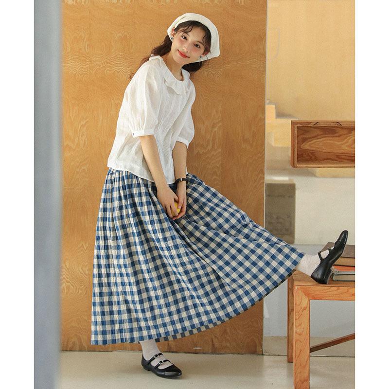 Summer Models Know Literature and Art Xiaoqing Doll Collar Pleated Five-quarter Sleeve Shirt Women