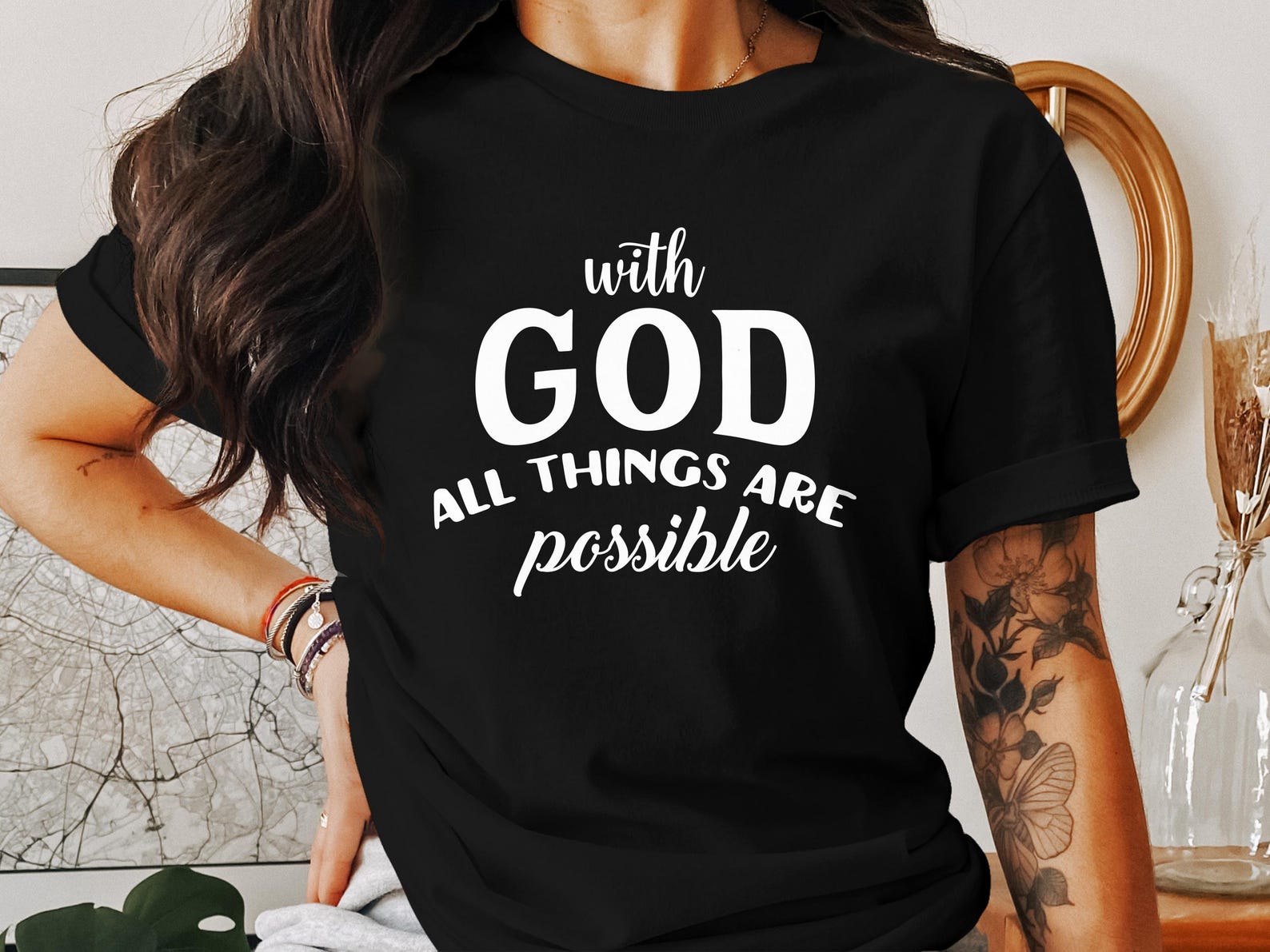 With God All Things Are Possible T-Shirts, Christian Faith, Bible Verse, Religious T-Shirts, Inspirational God T-Shirts 2XL