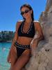 Set Bikini Chic Negru cu Piroane Costum de Baie Decupat Înalt Îmbrăcăminte de Plajă de Vară 2025 Nou Costum de Baie cu Accente Trendy Ținută de Vacanță K354