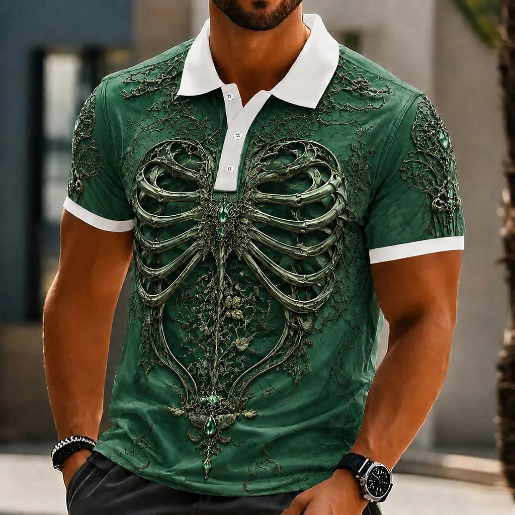 Men Halloween Skeleton 3D Printed Short‑Sleeve Collared Polo Shirt Buttons Casual Athleisure Spring Summer Daily Festival Outfit