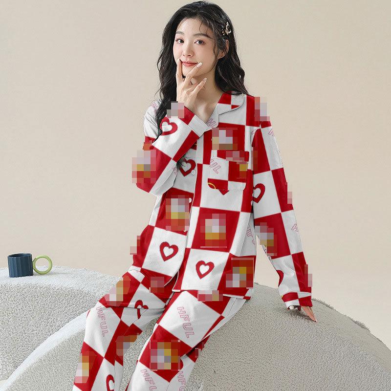 Spring And Autumn Pajamas Women'S Cardigan Long-Sleeved Trousers Korean Girls' Simple Cartoon Loungewear Suit Can Be Worn Outside